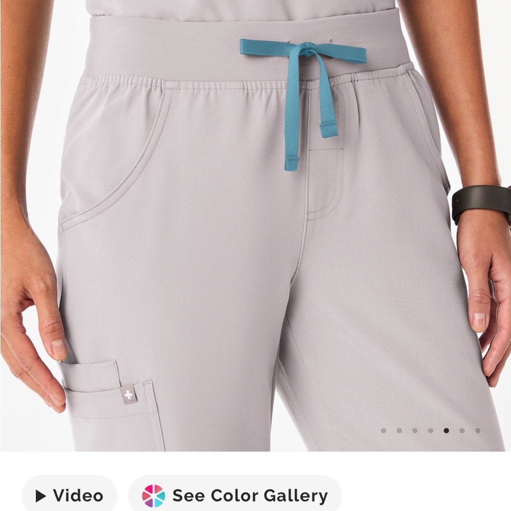 Figs Kade Cargo Pants in Light Gray with Teal Drawstring